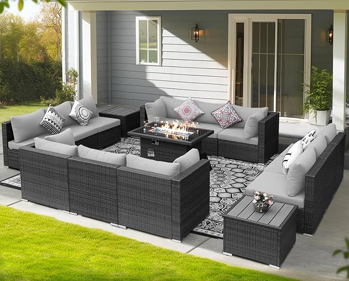 NICESOUL 15 Piece Outdoor Patio Furniture Set with Fire Pit, Extra Large Wide Outdoor Deep Seated Sectional, Cozy 29.3'' High-Back Modular Couch, 500 Lbs High Weight Capacity Wicker Sofa, Light Gray