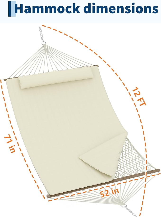 2 Person Outdoor Hammock with Stand, Cotton Rope Hammock with Polyester Pad, Adjustable Steel Frame, 2-in-1 Hammock for Patio, Backyard, Garden, Beach (Beige