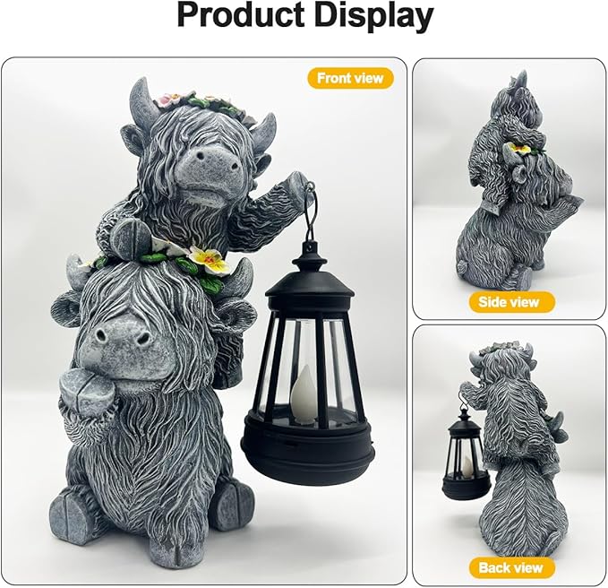 Solar Garden Outdoor Statues Lantern Figurines Light Decorations for Outdoor Patio Balcony Yard Lawn, Ideal Gifts for Mom Friends (Cement Gray- Cow)