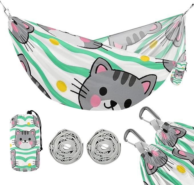 Cute Grey Cat Cartoon 330lb Capacity Camping Hammock with Hanging Rope Backyard Hammock for Indoor Outdoor Patio hamacas para adultos con soporte