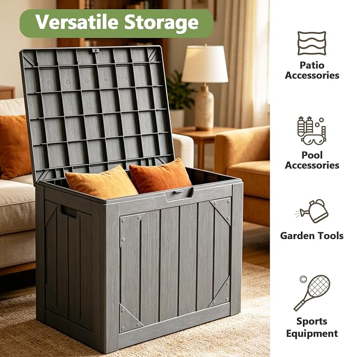 31 Gallon Outdoor Deck Box 4 Pack, Waterproof Resin Patio Storage Boxes with Lockable Lid, Small Outdoor Storage for Cushions, Accessories, Garden Tools, Indoor Outdoor Organizer, Gray
