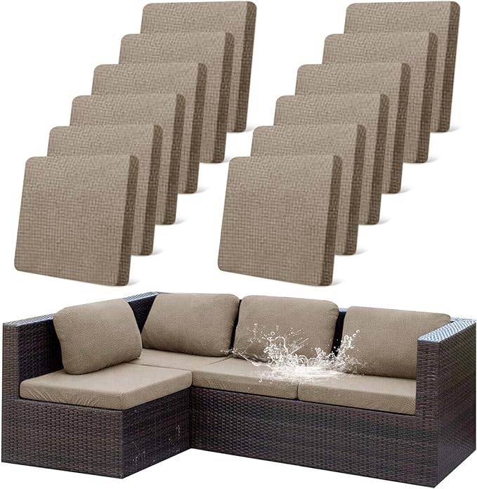 CALBODE 12Pcs Outdoor Stretch Cushion Covers,Waterproof Outdoor Chair Cushion Covers for Patio Furniture, Washable Jacquard Couch Covers Replacement for Patio Furniture(Khaki, Cover Only)