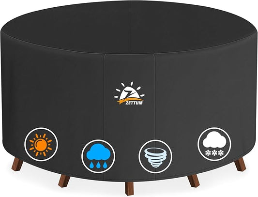 Zettum Round Patio Table Cover 48 Inch - 600D Outdoor Furniture Cover Round Waterproof & Heavy Duty, Lawn Furniture Set Covers for Outside Dining Table and Chairs Seating Combo - 48 x 48 x 28 Inch