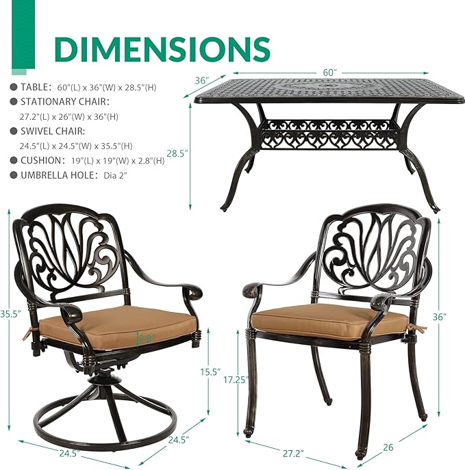 VIVIJASON 7 Pieces Cast Aluminum Outdoor Furniture Dining Set, Include 4 Stationary Chairs, 2 Swivel Dining Chairs and a Rectangle Table with 2" Umbrella Hole, Patio Conversation Set for Lawn Garden