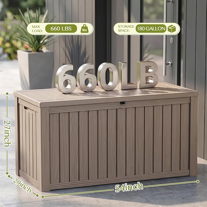 Waterproof Outdoor Storage Box Outside Deck Box Lockable Resin Bench UV Resistant Furniture Cushion Pool Tool Float Bin Patio Garden Porch (Grey, 180 Gallon)