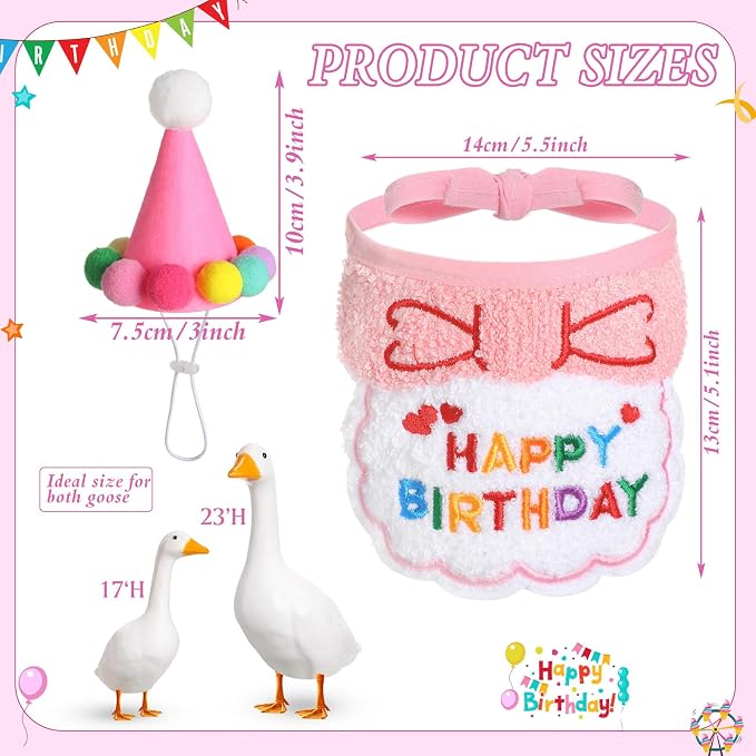 Abbylike Happy Birthday Goose Outfit Lawn Porch Goose Outfits with Party Hat Bandana for 23" 17" Cement Plastic Duck Decor(Pink)