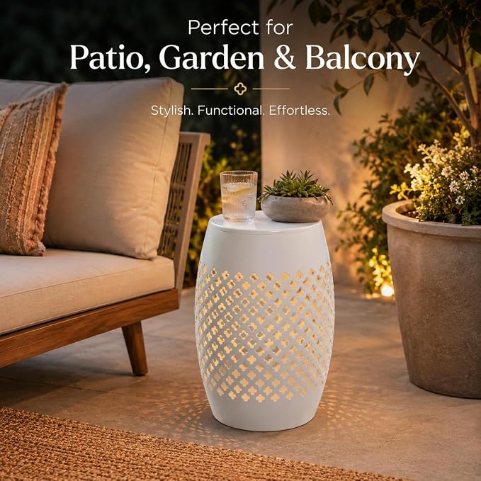 12" Outdoor Side Table, Decorative Cutout Metal Round Side Table, Multi Functional - Coffee Table, Night Stand, Plant Stand for Patio, Garden, Backyard, Gazebo Indoor (White)