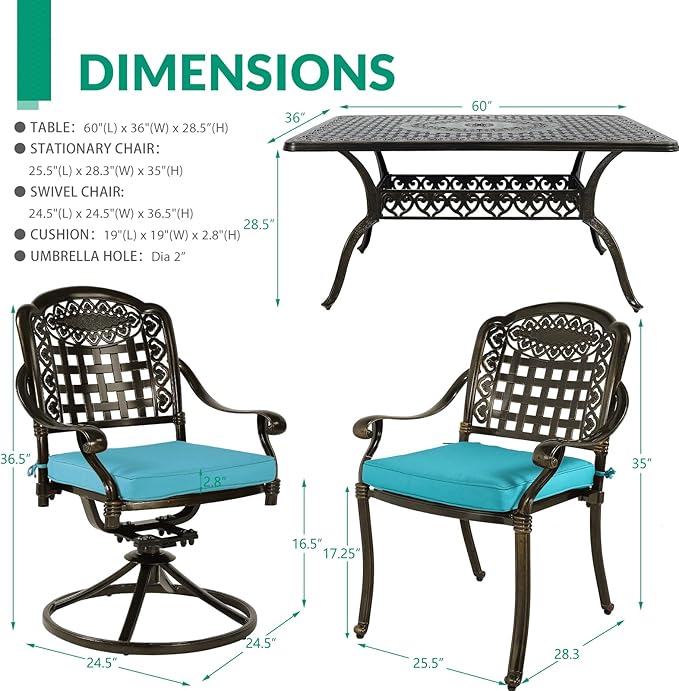 VIVIJASON 7-Piece Patio Furniture Dining Set, Outdoor Cast Aluminum Conversation Set, Include 4 Stationary Chairs, 2 Swivel Dining Chairs and a Rectangle Table with Umbrella Hole, Ocean Blue Cushion