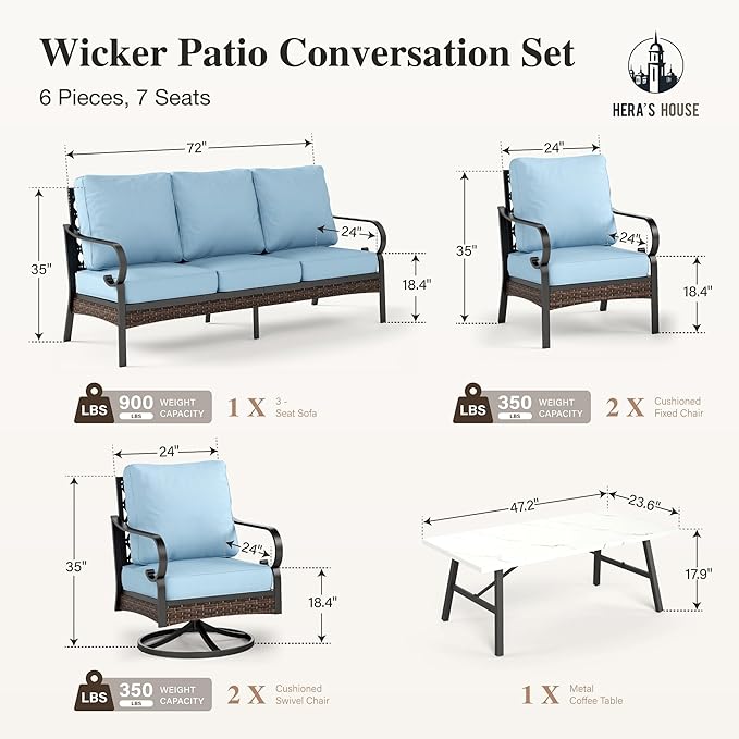 HERA'S HOUSE 6 Piece Metal Patio Furniture Set, All Weather Outdoor Conversation Set with 3-Seat Sofa, 2 Swivel Chairs, 2 Fixed Chairs & Coffee Table, 7 Seats for Backyard, Garden, Deck, Blue