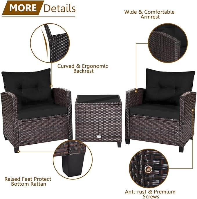 3-Piece Wicker Patio Furniture Set, Outdoor Sofa Set with Water-Resistant Cushion & Tempered Glass Table, Black