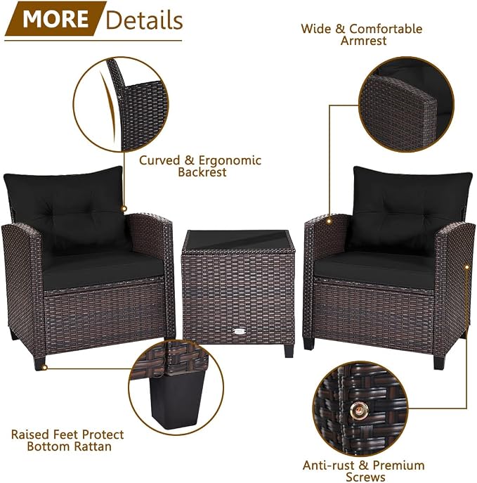 3-Piece Wicker Patio Furniture Set, Outdoor Sofa Set with Water-Resistant Cushion & Tempered Glass Table, Black