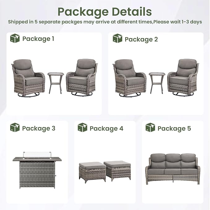 Luxury Patio Furniture Set 10pcs with 6-inch Thick Cushion, Outdoor Furniture with Fire Pit Table, Swivel Chairs, Sofa, Side Table, Ottomans, Patio Set for Deck Yard Grey Wicker | Grey Cushions