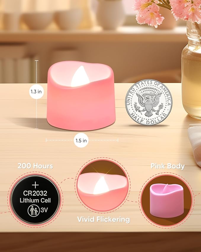 Raycare 24 Pack Pink Battery Operated Tea Lights, 200+Hour Flickering Flameless Candles, Realistic Electric Fake LED TeaLights for Wedding Party Table Mother's Day Christmas Decorations
