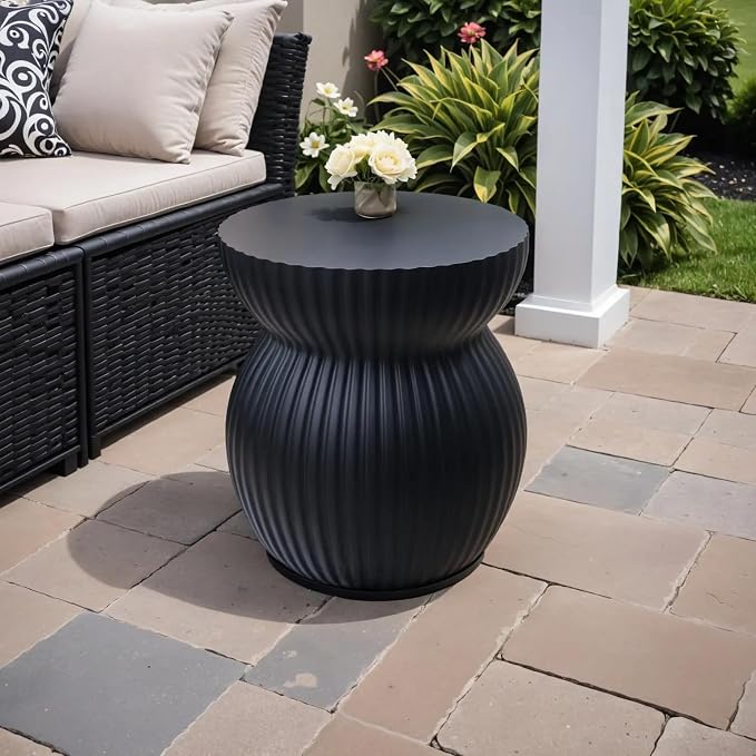 Mander Series Fiberstone Modern Side Table – Ribbed Hourglass Accent End Table for Indoor or Outdoor Use, Living Room, Bedroom, Patio - Black