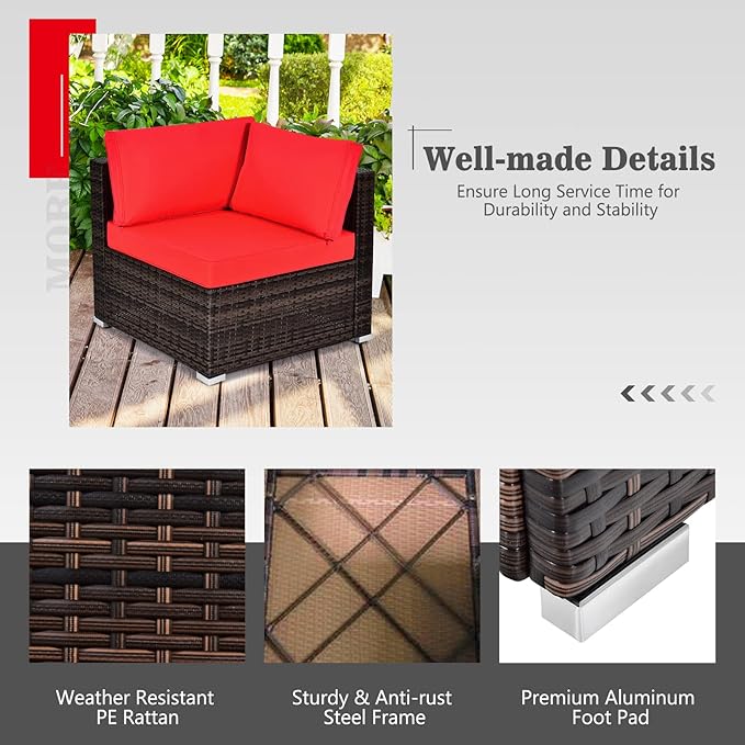Tangkula 8 Piece Outdoor Wicker Sofa Set, Patio Rattan Conversation Set w/32” Propane Fire Pit Table & Tank Holder, 40,000 BTU Heat Output, Cozy Seat & Back Cushions, Fire Pit PVC Cover (Red)