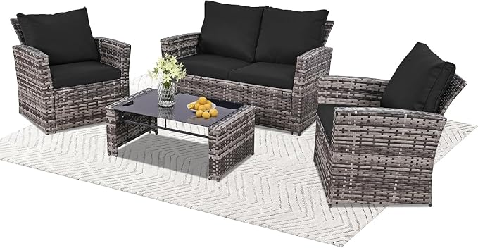 4 Piece Outdoor Patio Furniture Set with Wicker Sectional Sofa Couch, Cushioned Conversation Set and Coffee Table for Garden, Balcony, Porch Lounge Seating Area