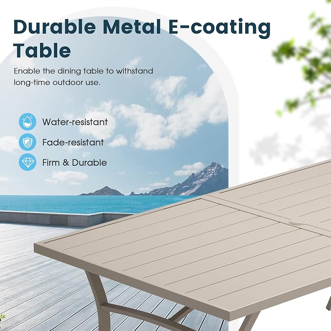 9 Pieces Patio Dining Set, 71" Rectangular Dining Table with Umbrella Hole, 8 Stackable Textilene Fabric Chairs, Metal Structure for Patio, Porch, Garden(Sand Table, Sand Chair)