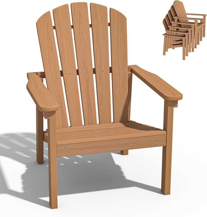 nevilywood Compact Stackable Adirondack Chairs,All Weather HDPE,380lb,Teak | 26.3" Wide HDPE.All-Weather Outdoor.Maintenance-Free.Stackable for Storage.25°Curved Straight Backrest.Quick Assembly