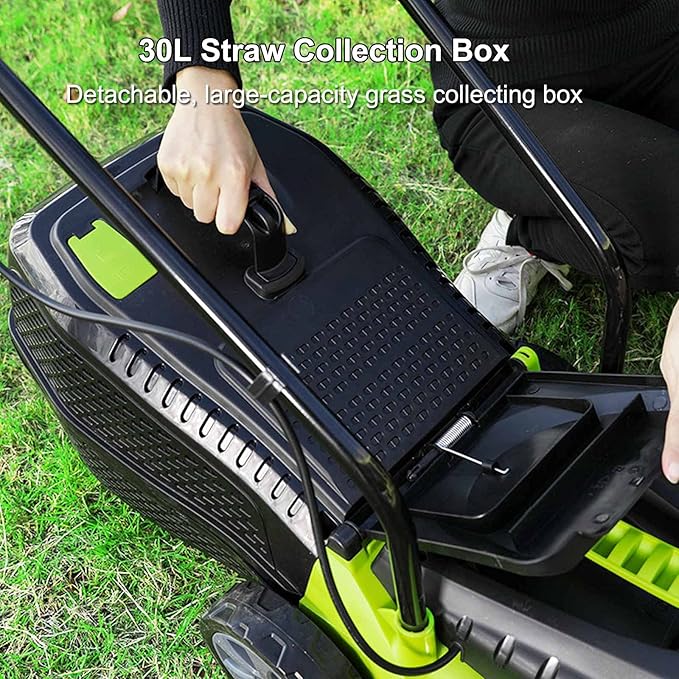 Corded Electric Dethatcher, 13-Inch Push Lawn Sweeper, Strong Rubber Wheels & Adjustable Mowing Height, Lightweight Walk-Behind Lawn Mower Clear, Green