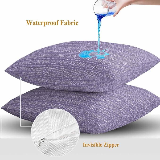 Outdoor Waterproof Throw Pillow Covers Set of 2 Lavender Purple Stripes Grain Pillowcases 16x16 Inches Solid Color Decorative Pillows Cushion Case Patio Pillows for Couch Bed Chair Garden