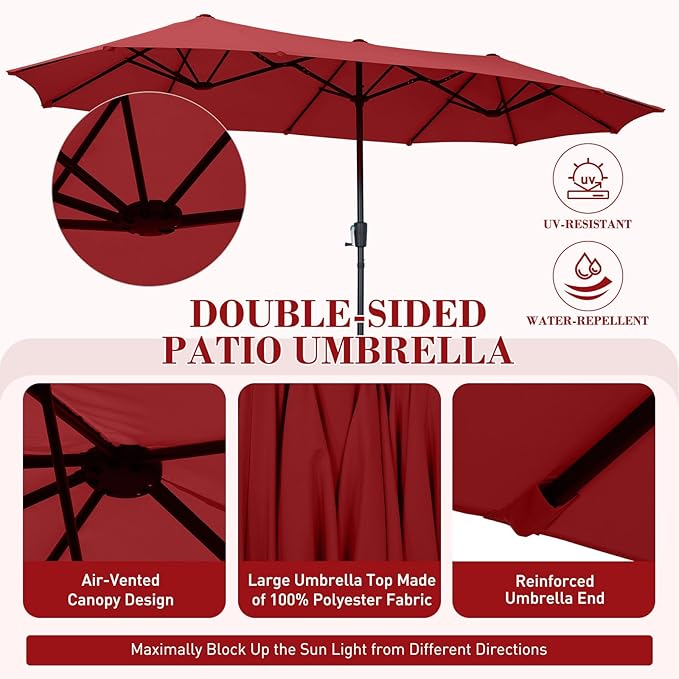 13 ft Patio Umbrella with Base, Large Rectangle Outdoor Umbrella with Matching Stand, Strap, Crank, Red