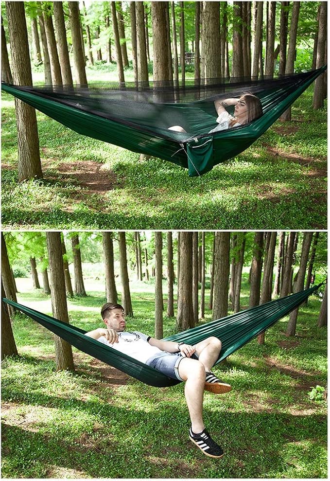 Camping Hammock, Hammock Automatic Speed Open Outdoor Leisure with Mosquito Net Single Double Ultra Light Quick-Drying Parachute Cloth Camping Swing(Black)