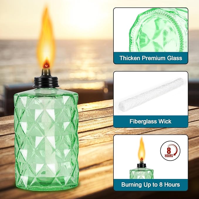 Glass Table Top Torch, Outdoor Torch Canisters 12 oz,Refill Canister with Wicks and Covers, Patio Metal Torch for Luau Party, DIY Garden Decor (4 Packs) (Green)