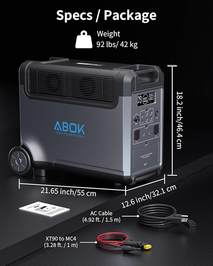ABOK Ark3600 Portable Power Station with Asp200 200W Solar Panel & Acs500 Alternator Charger, 3840Wh LiFePO4 Solar Generator Bundle, 3600W Output, Expandable to 11520Wh for Home Backup, RV, Camping