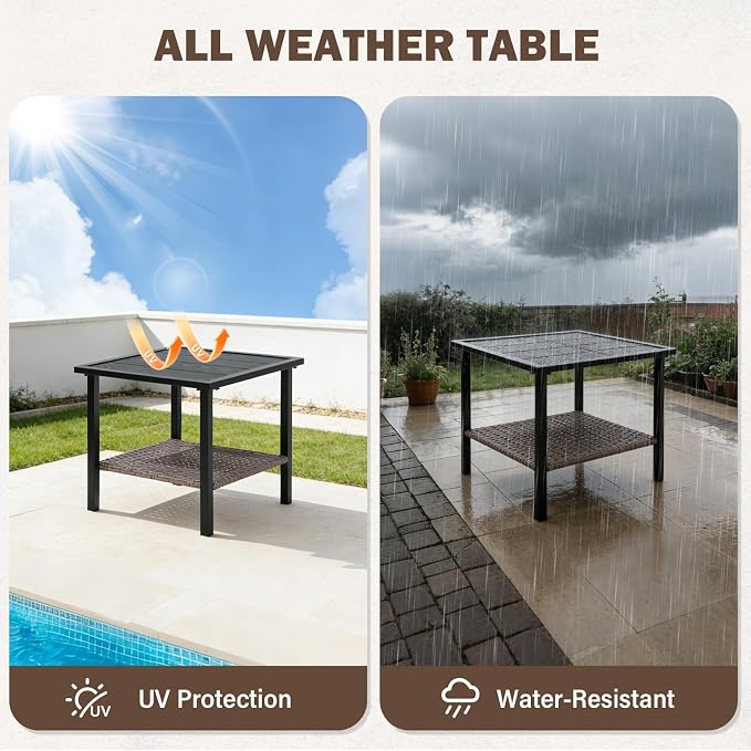 Sunset Escape Wicker Side Table, Rattan Outdoor End Table with Wood Grain Tabletop and 2-Tier Storage for Patio, Balcony and Garden, Black/Brown