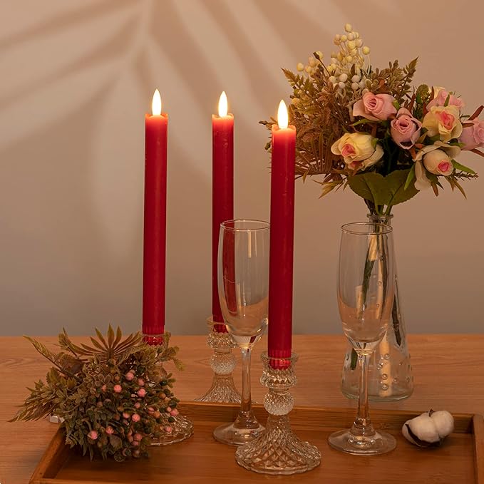 JOIONE Flameless Taper Candles with Remote Timer, 9.6" Red Real Wax Flickering Battery Operated Warm Light Electric LED Candle, Perfect for Christmas Party Wedding Decoration (6 Pack)