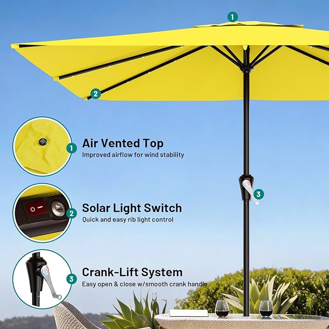AreShark 8' X 10' Rectangular Patio Umbrella with Solar Lights, Lighted Solar Umbrella with Crank, Outdoor Table Umbrella for Garden, Deck, Backyard, Pool and Beach, Yellow