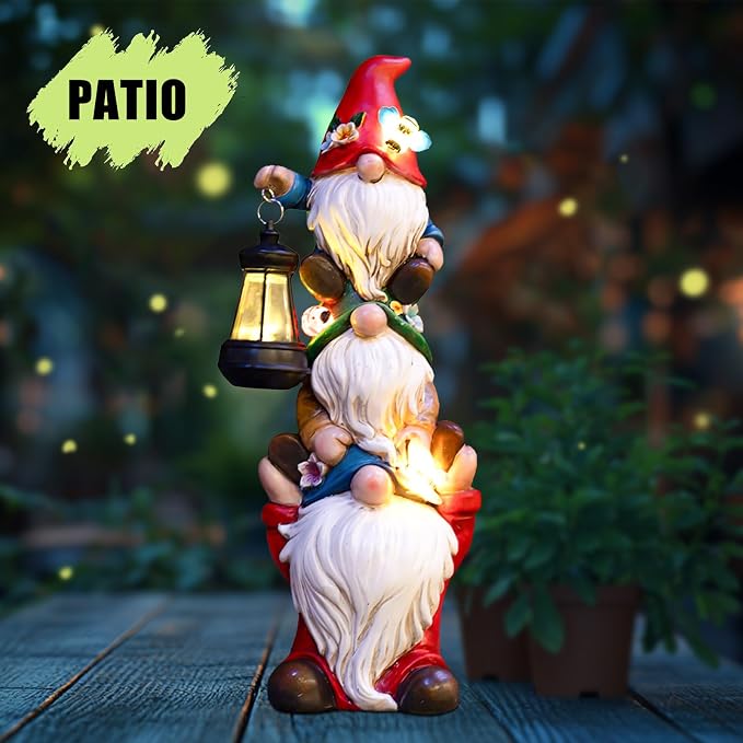 twinbling 17 in Large Garden Gnome Statue with Solar Lights | Sculptures Funny Triple Big Gnome Outdoor Patio Lawn Yard Balcony Garden Home Decor Gifts for Women Mom Mothers Day Gifts
