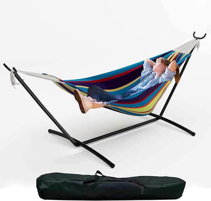 Double Hammock with Space-Saving Collapsible Steel Stand for 2 Person - Heavy Duty, 450lbs Capacity - Portable Indoor Outdoor Hammock with Carry Bag - Great for Garden, Beach, Camping