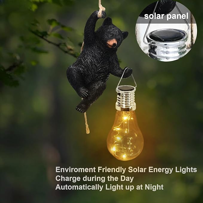 Solar Bear Statues Outdoor: Hanging Garden Decor for Outside Cabin Porch Light Yard Decorations Tree Ornaments Small Resin Figurines Funny Gifts Mama Women