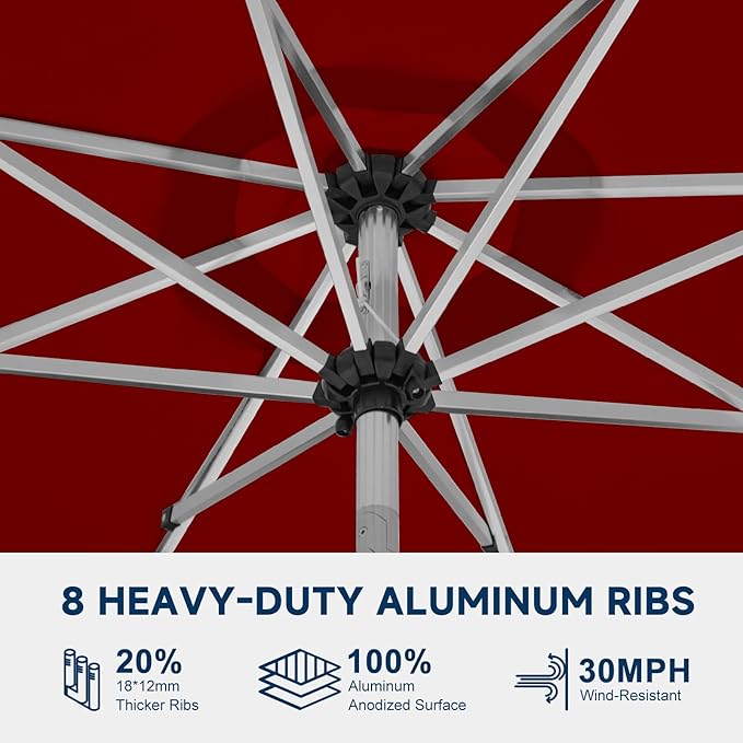 9FT Aluminum Outdoor Patio Umbrella, Fade-Resistant Market Umbrella with Push Button Tilt Function, 8 Sturdy All-Aluminum Ribs for Gardens, Patios, Backyards & Pools