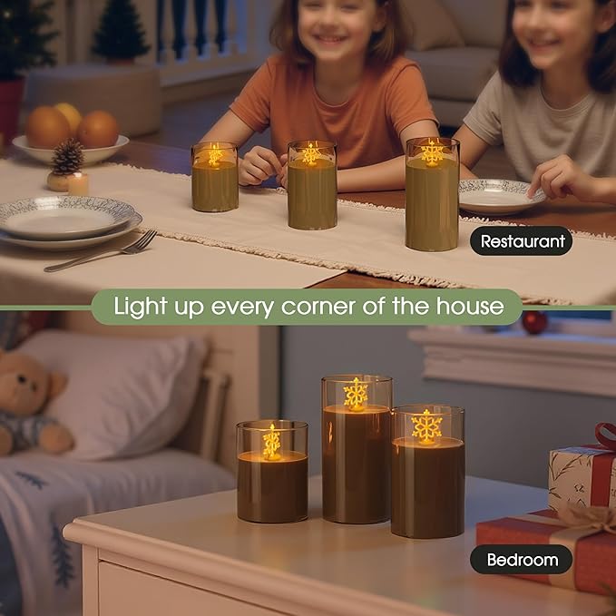 L LOHAS LED Electronic Candle Night Lights with Remote, 3-Pack Snowflake LED Flameless Candles, Battery Operated Flickering Night Light, 5 Brightness Levels & Timer, for Holiday Home Decor