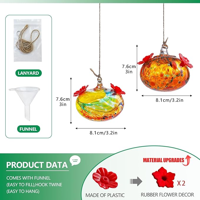 Set of 2 Hummingbird Feeders for Outdoors Hanging 3.2in Small Blown Glass Humming Bird Feeder for Window Humming Bird Feeders with 2 Flower Feeding Ports Decor for Outside Garden
