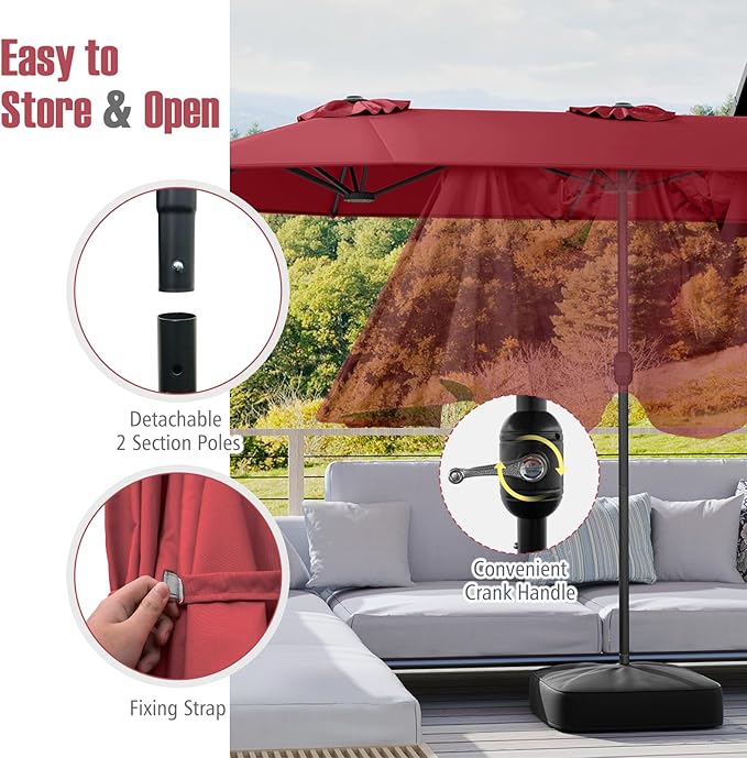Tangkula 13FT Double-sided Patio Umbrella, Extra Large Twin Table Umbrella with Crank Handle, Umbrella Base, Safety Lock, Air Vent, Outdoor Market Umbrella for Garden Pool Backyard (Burgundy)