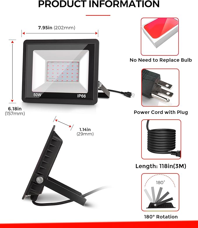 L LOHAS LED Red Flood Light Outdoor, 𝑫𝒖𝒔𝒌 𝒕𝒐 𝑫𝒂𝒘𝒏 50W Plug in Flood Light, IP66 Waterproof Christmas Party Decorations, 2300lm Outdoor Lights for Yard, Garage UL Listed 2 Pack