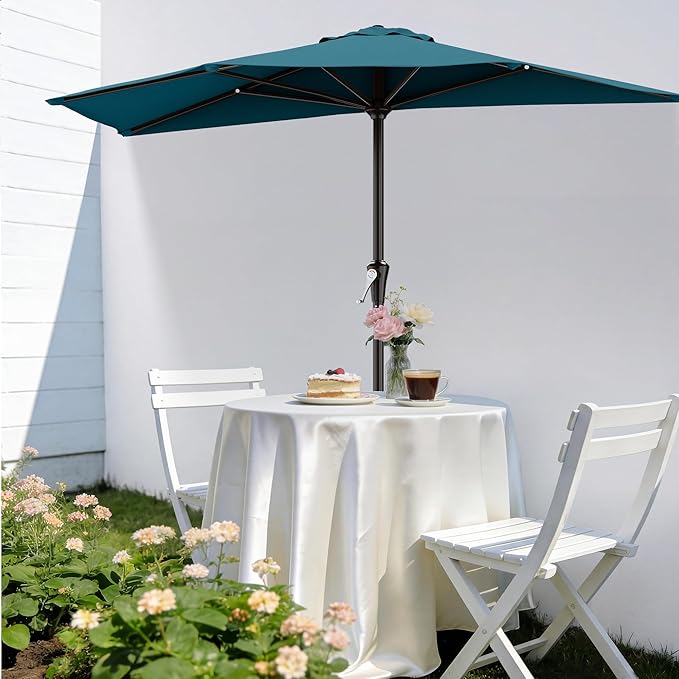 AreShark 9FT Half Patio Umbrella, Outdoor Wall Umbrella with Crank & 5 Sturdy Ribs, Table 1/2 Umbrella Patio for Garden, Deck, Balcony and Pool, Lake Blue