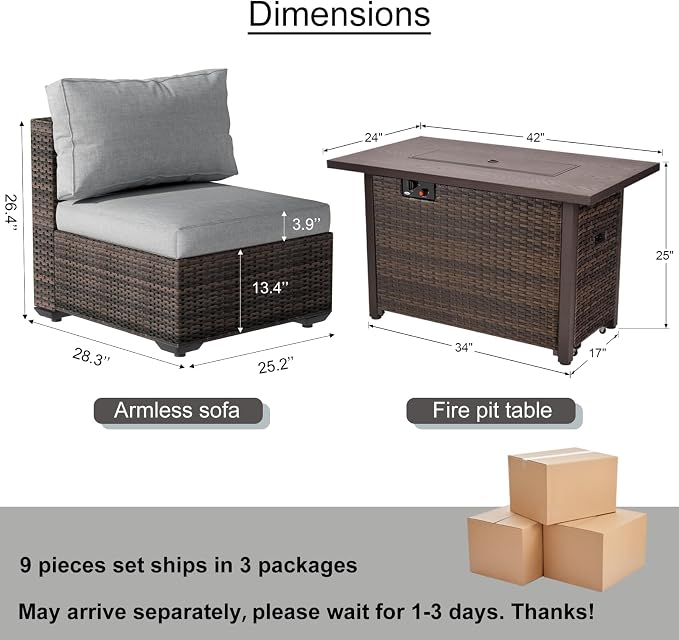 9 Piece Patio Furniture Set with 42" Fire Pit Table, Outdoor Wicker Rattan Sectional Sofa Set, Patio Conversation Set with Thickened Cushions (Grey)