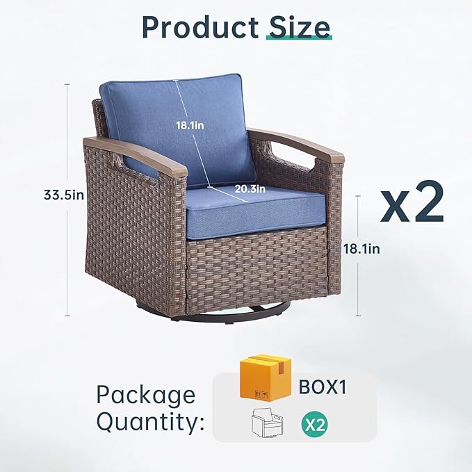Luxury Outdoor Swivel Rocker Patio Chairs Set of 2 - Heavy Duty Metal Handrail All Weather Wicker Glider Chairs Set with Comfort Thick Cushion for Porch, Poolside and Deck - Blue