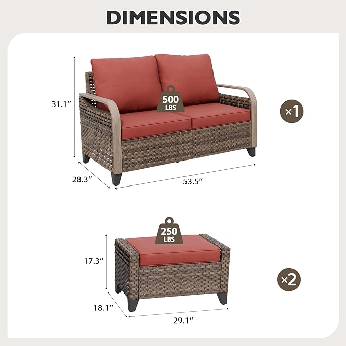 EAGLE PEAK Modern Wicker Outdoor Patio Furniture Set, Patio Conversation Set, a 2-Seat Loveseat and 2 Ottomans, 3 Pieces, Brown/Red