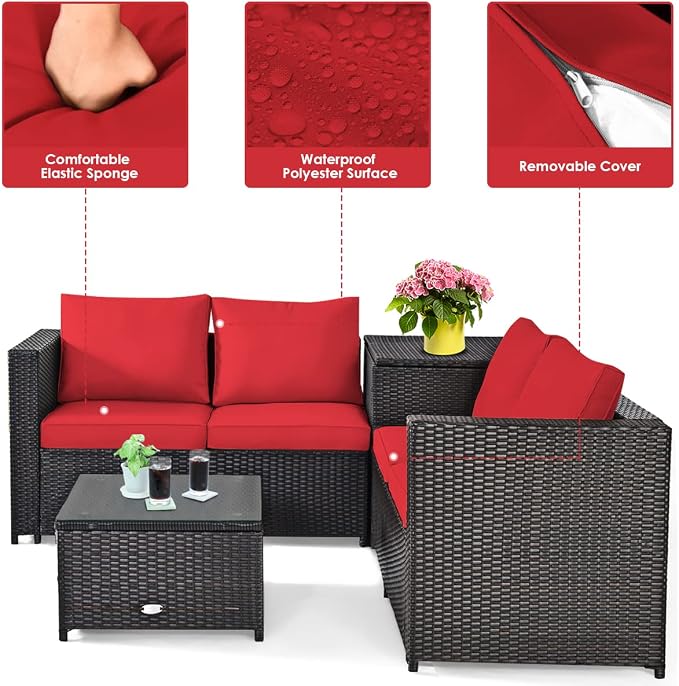 HAPPYGRILL 4 Pieces PE Rattan Wicker Conversation Set Outdoor Patio Furniture Sofa Set with Storage Box and Tempered Glass Coffee Table for Backyard Garden Porch