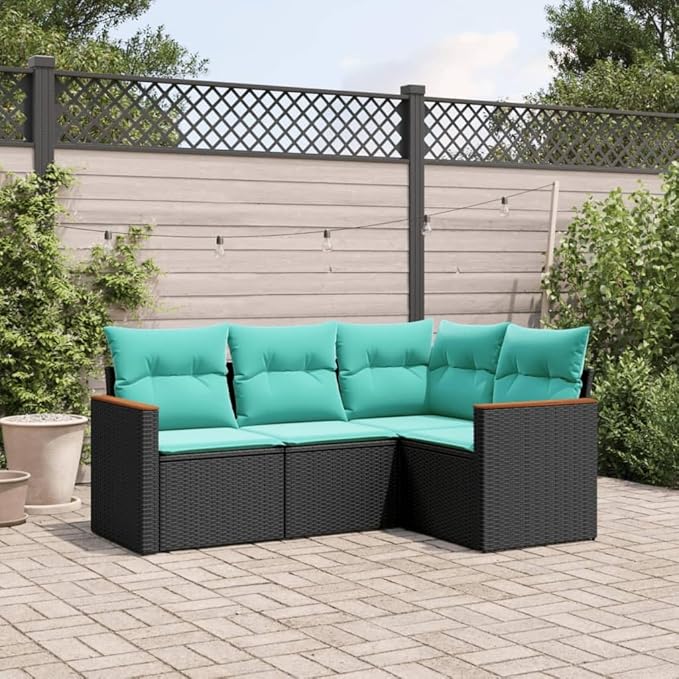 4 Piece Patio Sofa Set with Cushions, Outdoor Sofa Sets Sectional Sofa Outdoor Dining Sets Patio Conversation Set for Piazza Garden Negotiation Area Poolside Black Poly Rattan