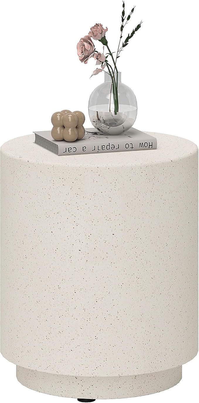 HOMCOM Concrete Finish Side Table, Lightweight Accent Table, 17" Patio Round Stump End Table with 4 Adjustable Feet for Indoor, Outdoor, Cream White