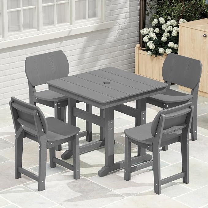 5-Piece HDPE Outdoor Dining Set, Weatherproof Patio Table and Chairs Set for 4, Includes 1 Square Table and 6 Armless Chairs, with Umbrella Hole (Grey)