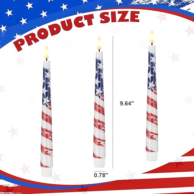 Flameless Patriotic Candles, 9.6" Real Wax 4th of July Led Candles with Remote, 3 Pack Flickering Independence Day Flameless candlesticks for Table, Home, Party Decor