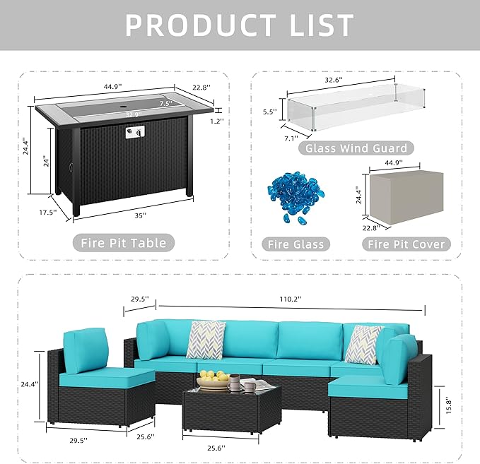 JAMFLY 8 Piece Outdoor Patio Furniture Set with Propane Fire Pit Table, All-Weather PE Wicker Rattan Sectional Sofa Set with Thick Cushions for Backyard, Garden, Poolside(Blue, Black)