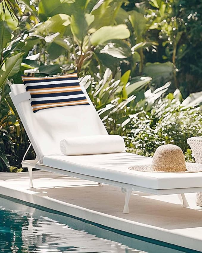 Stripes Outdoor Pillows for Chaise Lounge Chair Set of 1 Orange Navy Blue Stripe Modern Abstract Minimalist Waterproof Lumbar Patio Pillows with Insert & Adjustable Elastic Strap for Recliner Beach